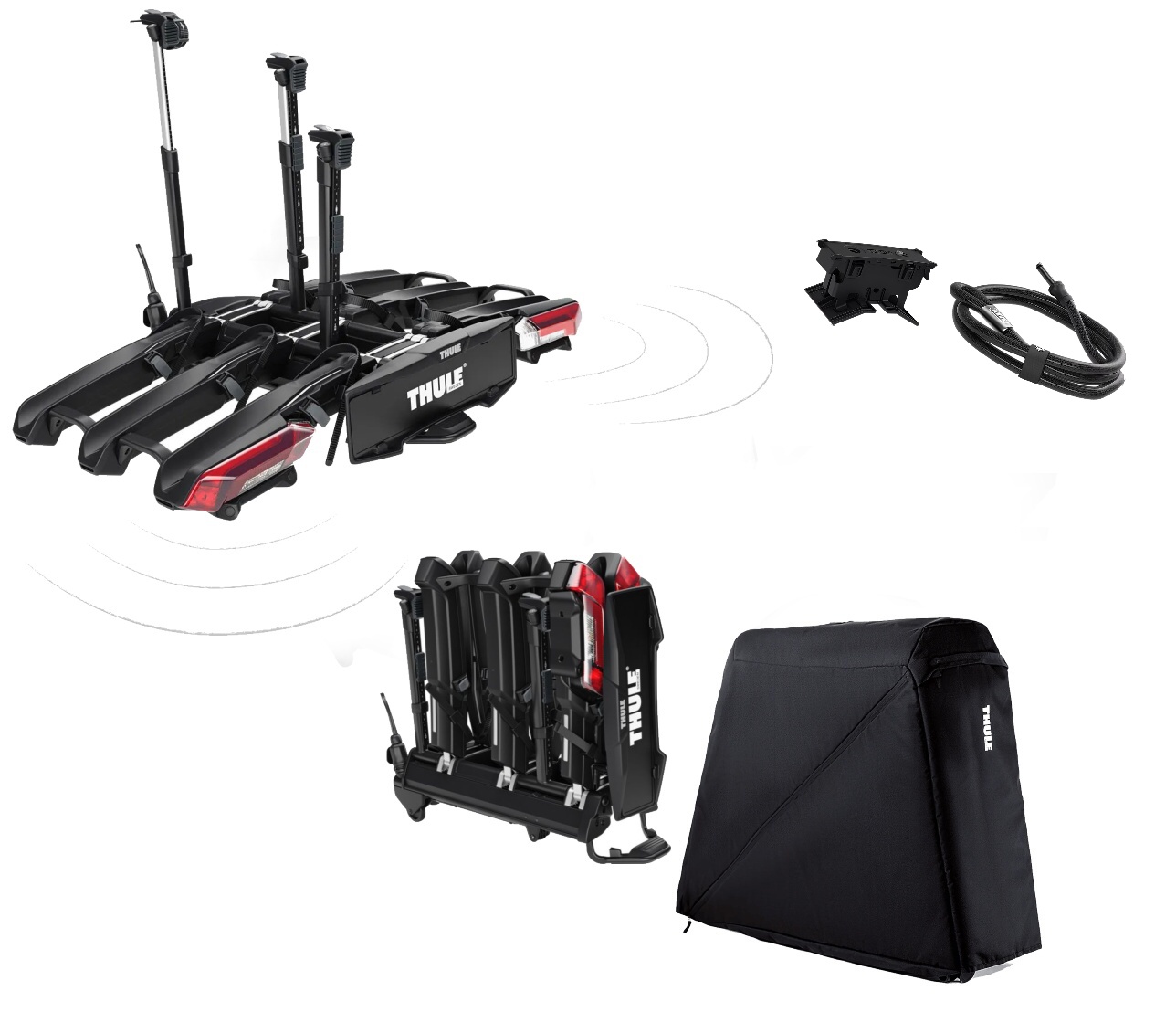 Nosič 3 kol na tažné thule epos parksecure s parkovacími senzory+ taška 9793 + zámek 9785 . Nosič kol